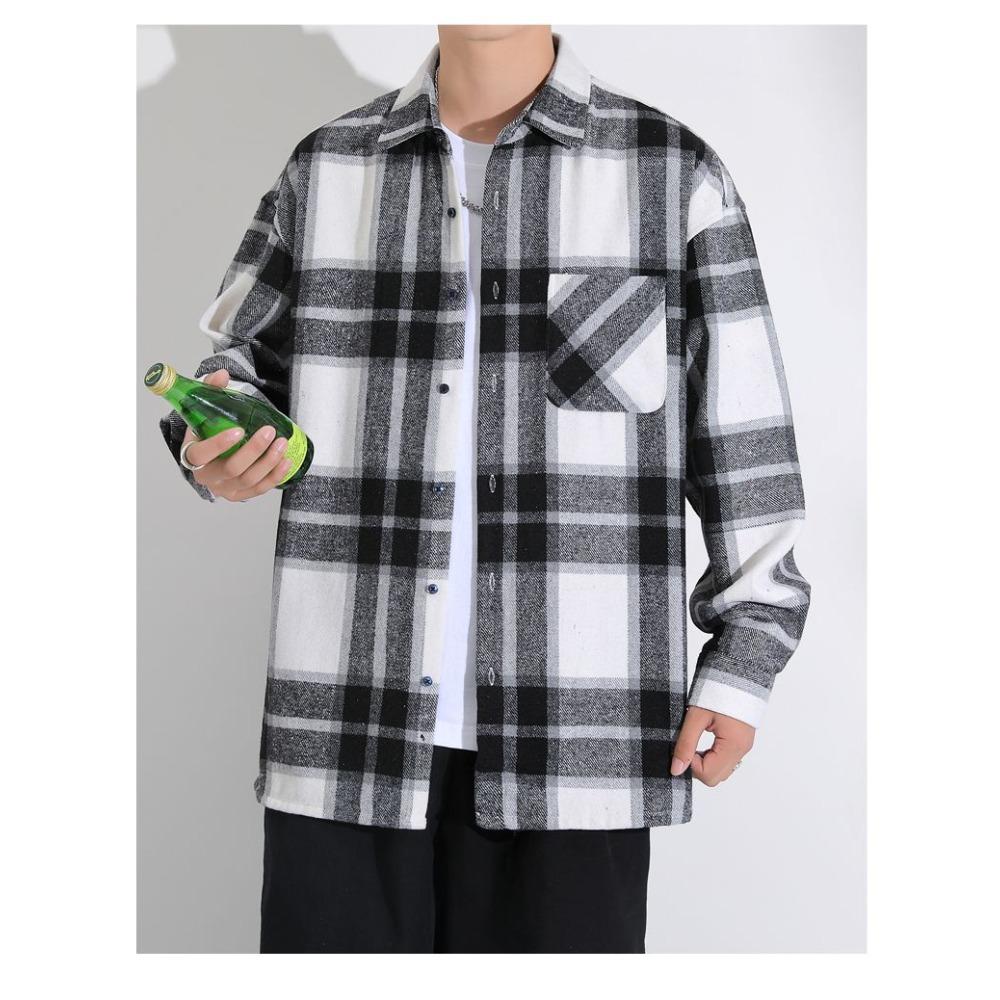 

Осенняя мода Преппи стиль Клетчатый Винтажный Мужская Рубашка Пальто Лацкан Длинный рукав Повседневный Свободный Уличный Панельный Англия Куртки XL белый