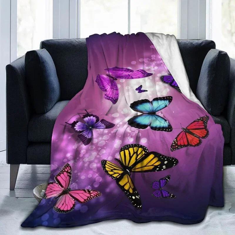 Cartoon Butterfly Pattern Throw Flannel Blanket Chic Super Soft Warm Plush Blanket for Bedroom Couch Sofa Decoration