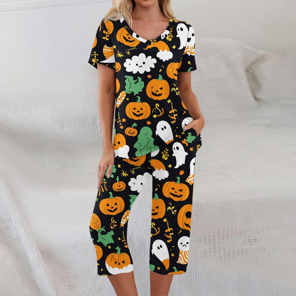 Dvoudílné soupravy pro ženy Krátký rukáv Top a Kalhoty s kapsami Cvičení Měkké Halloweenský potisk Soupravy
