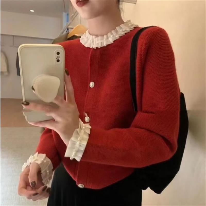 

Осень новый свитер с бисером по краю с рюшами женский модный нежный ветер нишевый вязаный кардиган куртка женская One Size (80-60 kg) красный