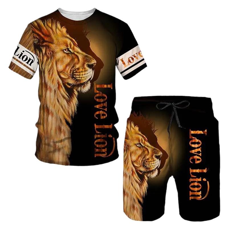 2 Piece Set Animal Mens Retro 3D Printed Leisure Summer Suit Round Neck T-shirt Fashionable Loose Sports Shirt Suit