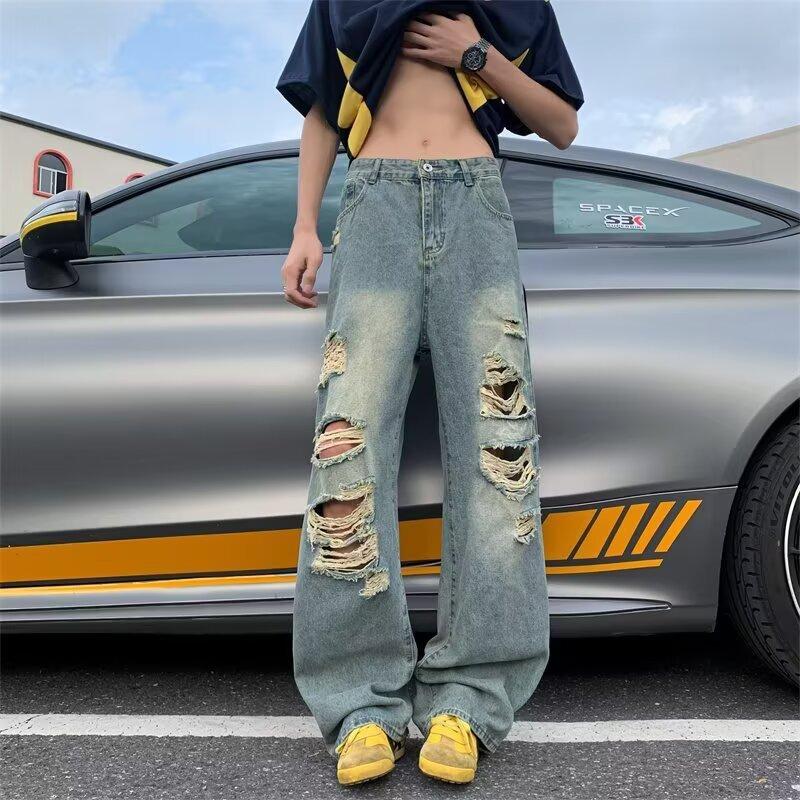 Loose ripped jeans men's spring new trendy high street washed old wasteland wind wide-leg trousers