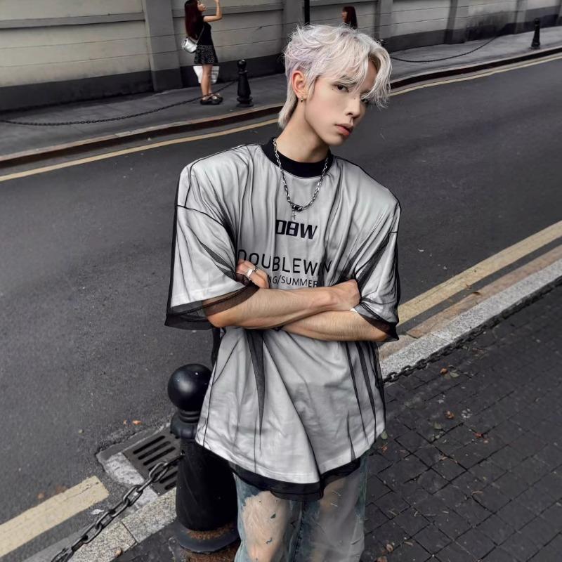 Men Mesh Layered Letter Print Oversized Short Sleeve T Shirt Casual Streetwear Summer Top