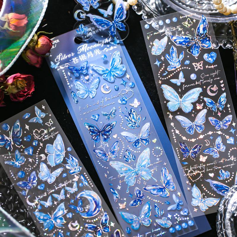 Silver 3D Butterfly and Poetry PVC Stickers - INS Style Vintage Journal Decoration