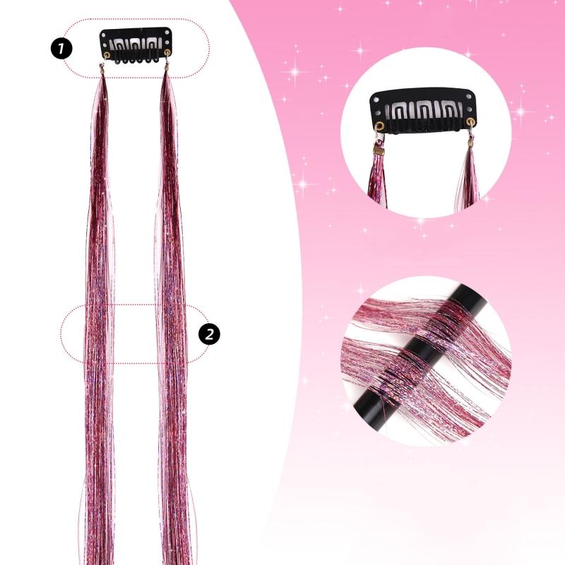 2pcs/set Laser Silk Colorful Hair Piece Extension Colorful Fake Hair Clip in One Piece Hairpiece Colorful Holographic Hair Tinsel Glitter Fairy