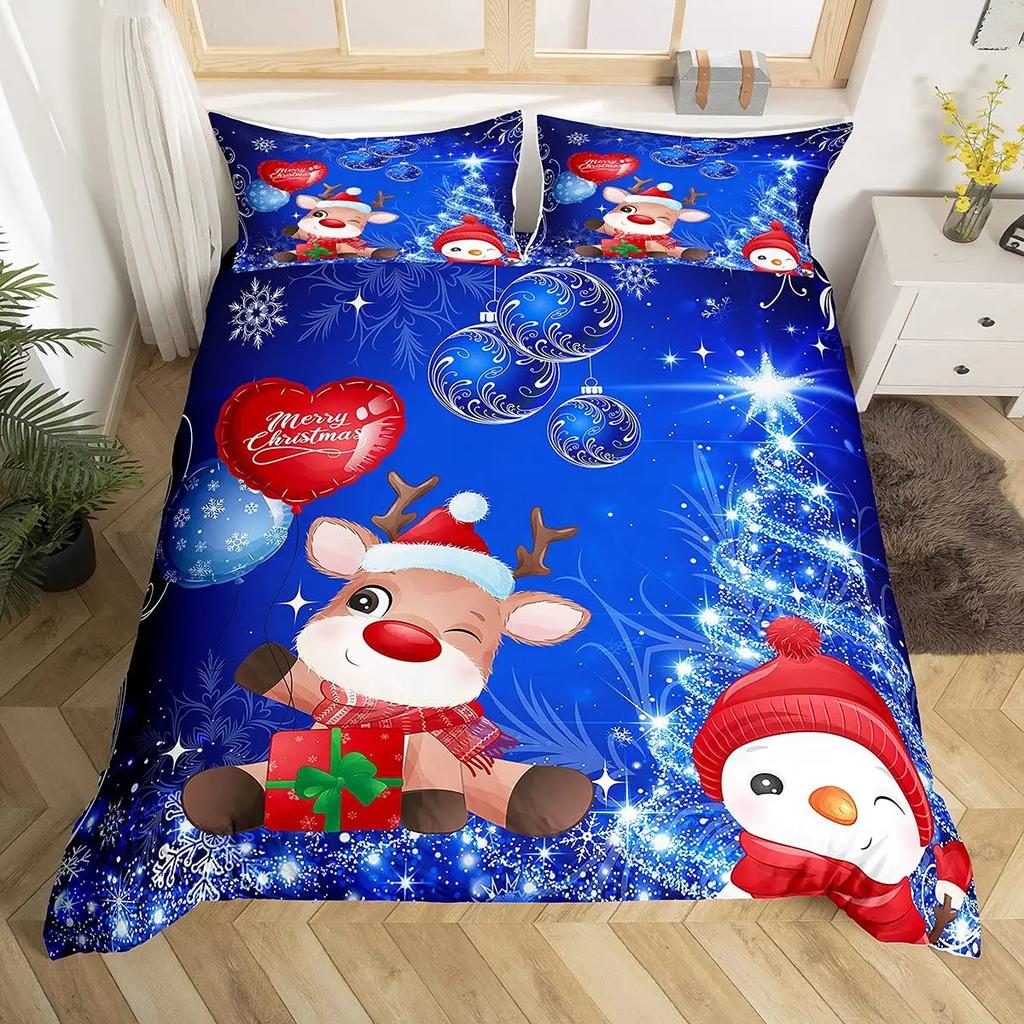 Christmas Tree Duvet Cover Set Blue Xmas Comforter Cover Girly Glitter Elk Bedding Sets Winter Snowflakes Duvet Cover Full Size