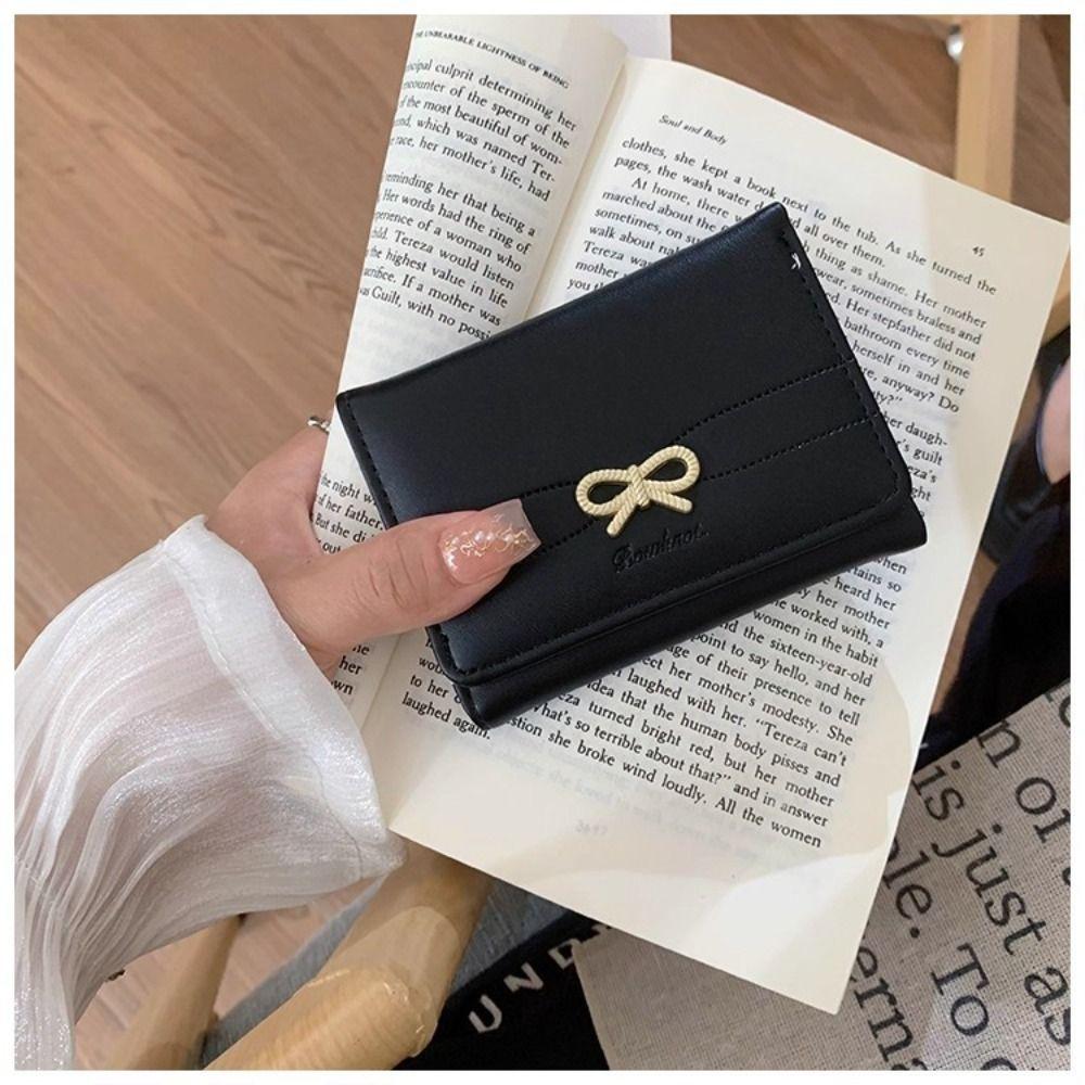Classic Cute Bow Tri-fold Short Wallet PU Multifunctional Small Wallet Multiple Card Positions Three Fold Purse Daily Use