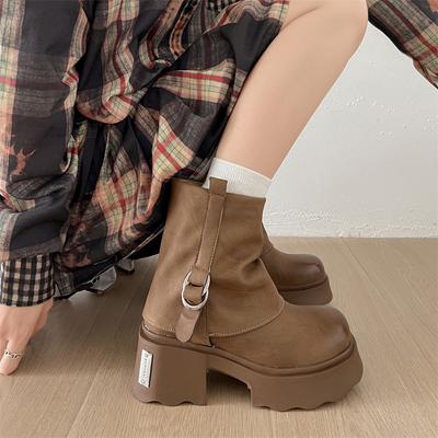 Vintage Maillard Thick Heel Thick-soled Martin Boots Women's 2025 New Autumn Small Man Height Increase Versatile Short Boots