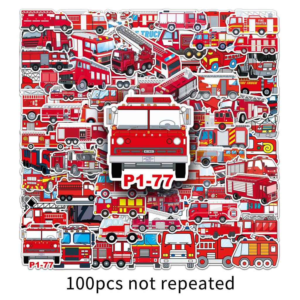 100 Fire Truck Graffiti Stickers - Cartoon Decor for Water Bottles, Phone Cases, Suitcases