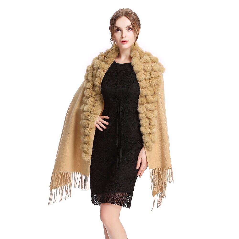 Women's Cashmere Wool Over Size Scarf With Rabbit Fur Ball Collar Winter Rabbit Fur Infinity Scarves Neck Fur Collar Hand Knit