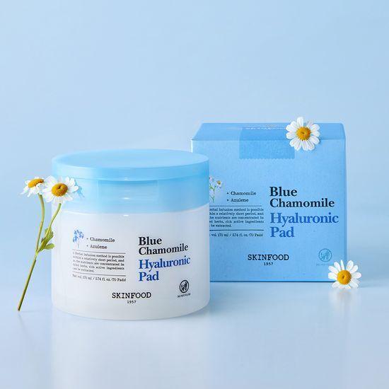 SKINFOOD Blue Chamomile Hyaluronic Toner Pads – 70pcs | Soothing & Hydrating Dual Cotton Pads for Sensitive Skin