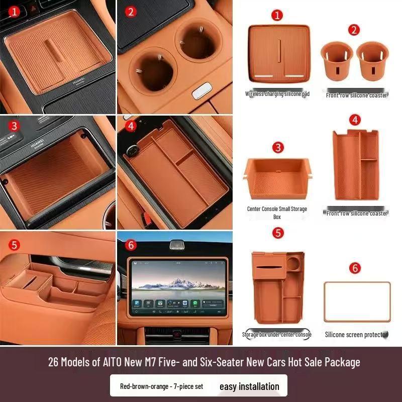 Compatible with 26 AITO M7 models, this silicone car interior set features wireless charging capabilities and decorative modifications.