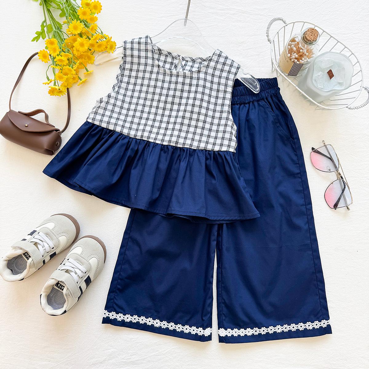 Girls Sleeveless Plaid Patchwork Vest & Wide-Leg Lace Trim Pants Set, Summer 2026 Edition 110 cm