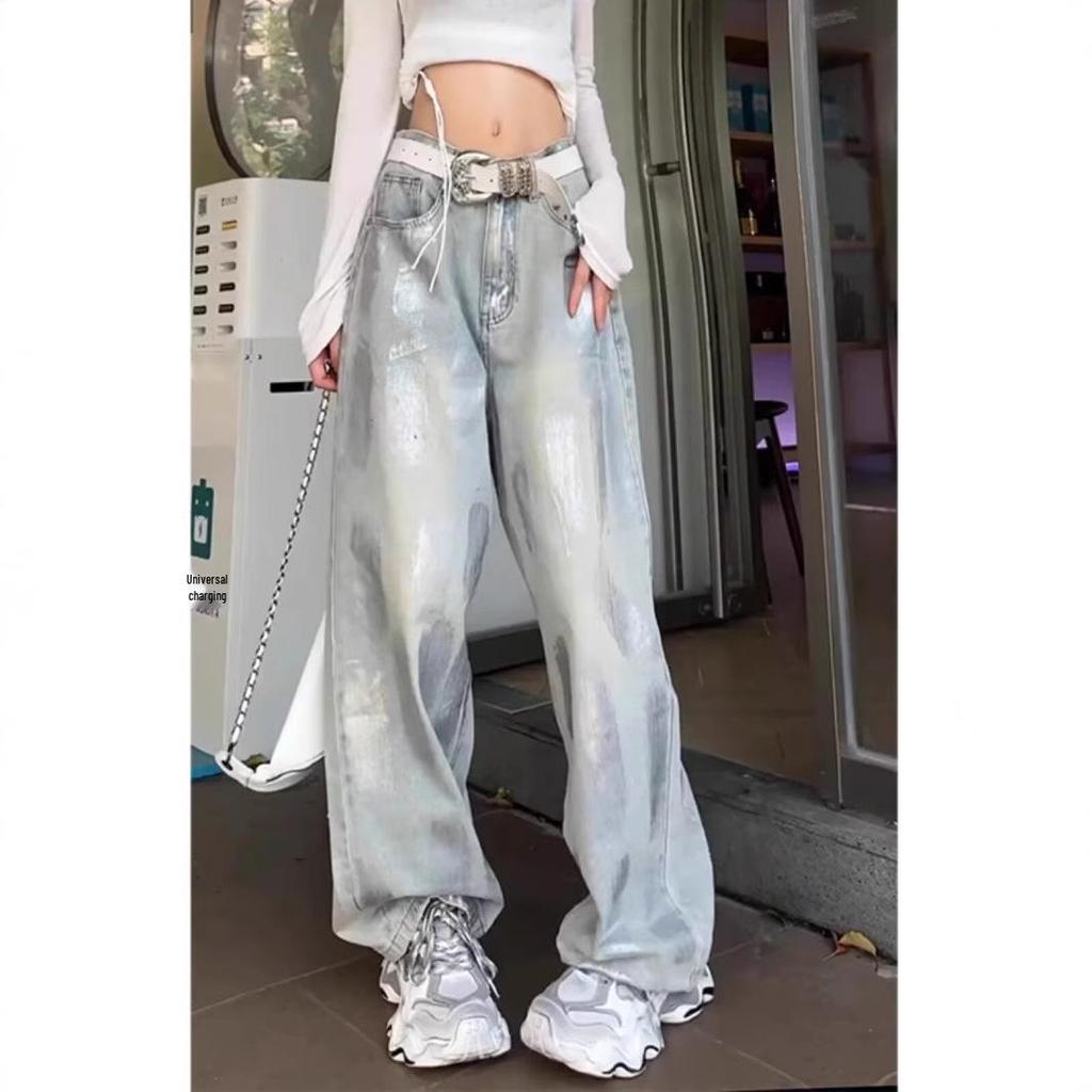 Silver Washed Retro Wide-Leg Jeans - Women's High Street Trend