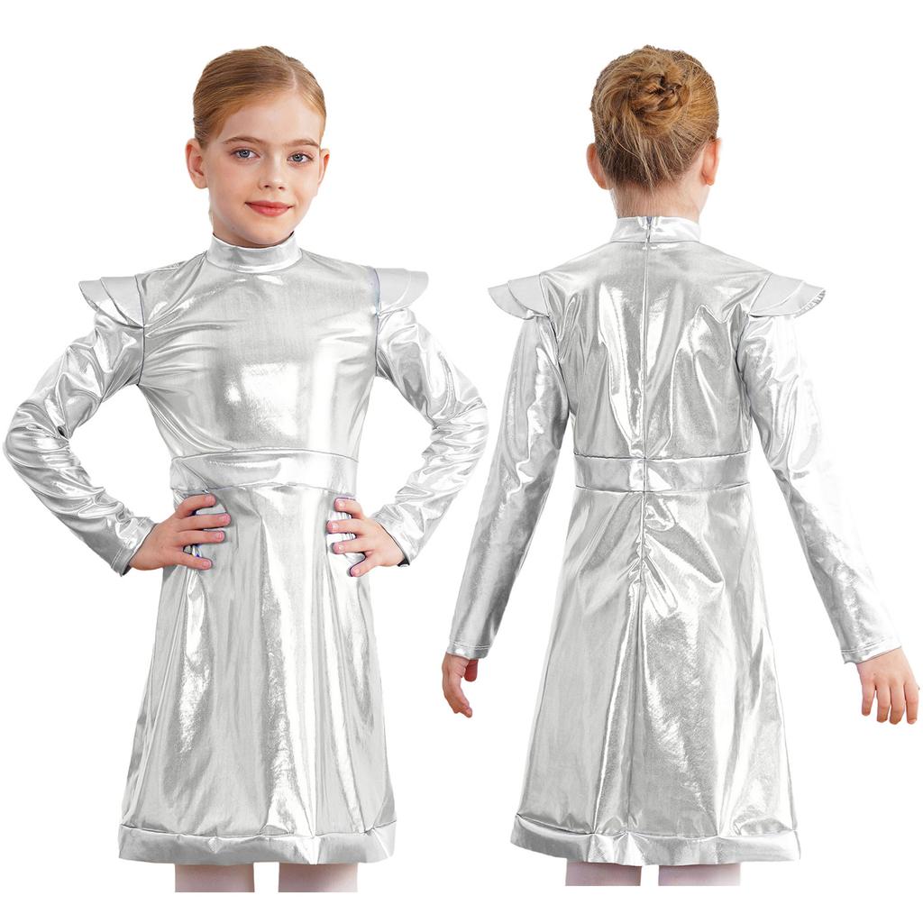 Girls Outer Space Cutie Costume: Shimmering PU Patchwork Alien Dress for Halloween & Sci-Fi Role Play Parties