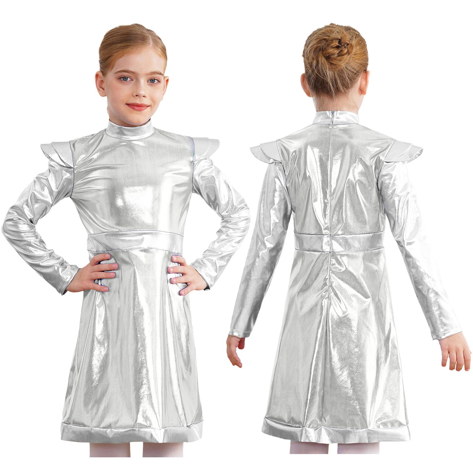 

Kids Girls PU Leather Alien Costume: Shimmering Patchwork Dress for Halloween Cosplay, Cute & Unique Outer Space Look 5-6 Years срібний