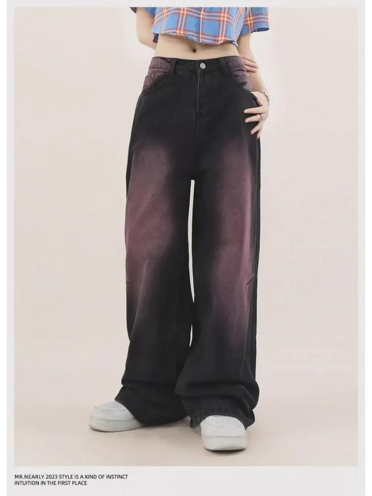 Women's 2024 Black & Gray High-Waist Wide-Leg Jeans - Loose, Slim, Straight, Floor-Length Style