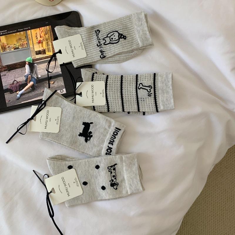 Puppy Socks Season Versatile Mid-Leg Socks Breathable Mesh Gray Cartoon Dog Girl Pile Socks