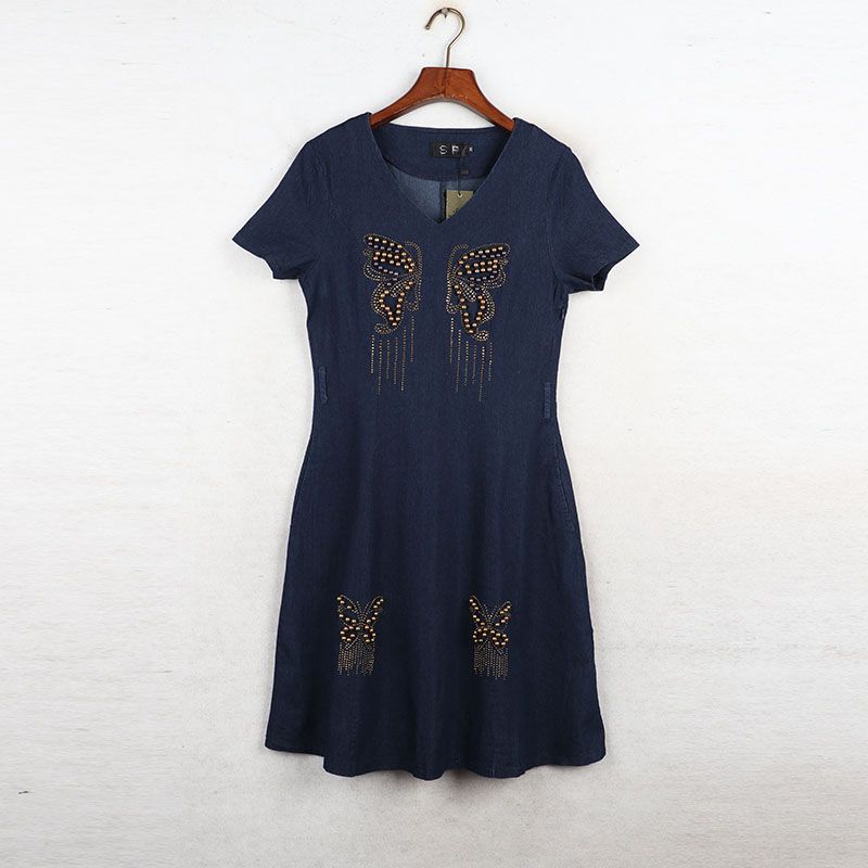 

Sunshine House Summer New Arrival K-style Women s Clothing Heavy Industry Beads round Neck Short Sleeve Denim Skirt Dress Denim color Bust size 94