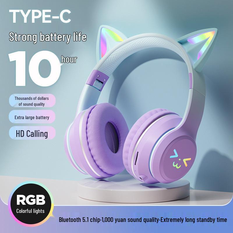 Gradient Cat Ear Bluetooth Over-Ear Headphones: High-Value, Wireless Stereo, Perfect for Gaming & E-Sports