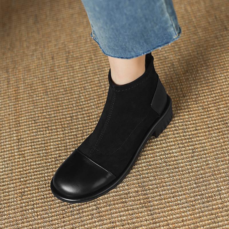 Krazing Pot Flock Autumn Winter Shoes Low Heels Size 43 Stretch Boots Back Patch Work Street Wear Elastic Ankle Boots