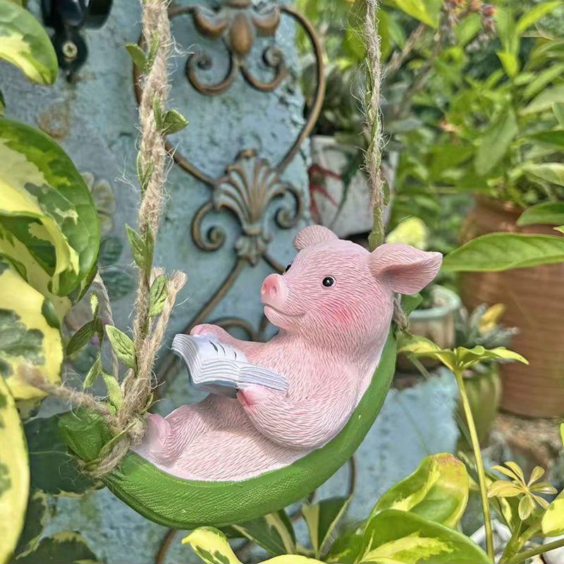 Cute Little Pig Reading Swing Pendant for Garden, Courtyard, Balcony, Resin Craftwork, Decorative Item, Resin Product