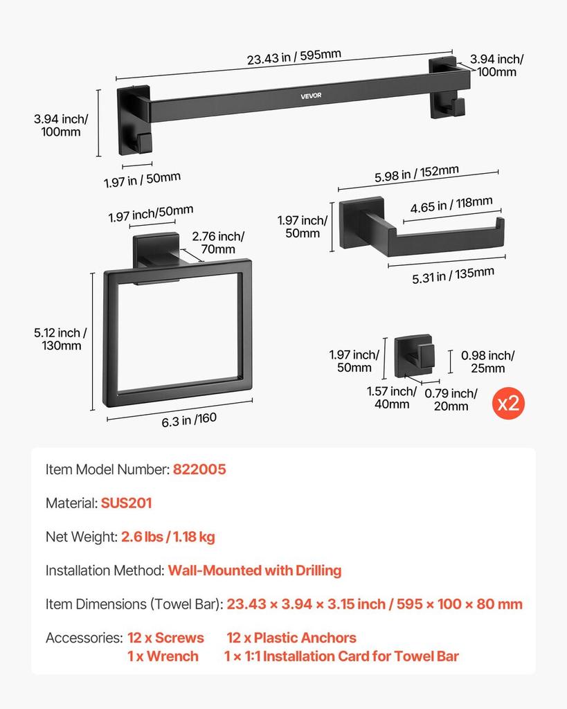 Matte Black Bathroom Hardware Set, 5 Pieces Stainless Steel Bathroom Accessories Set, 24-inch Towel Bar, Towel Rack, 2 Robe Towel Hooks, Toilet Paper
