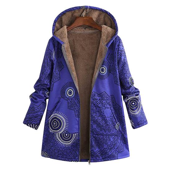 

Lady Coat Zipper Plush Vintage Ethnic Warm Hooded Winter Jacket for Daily Wear M синій