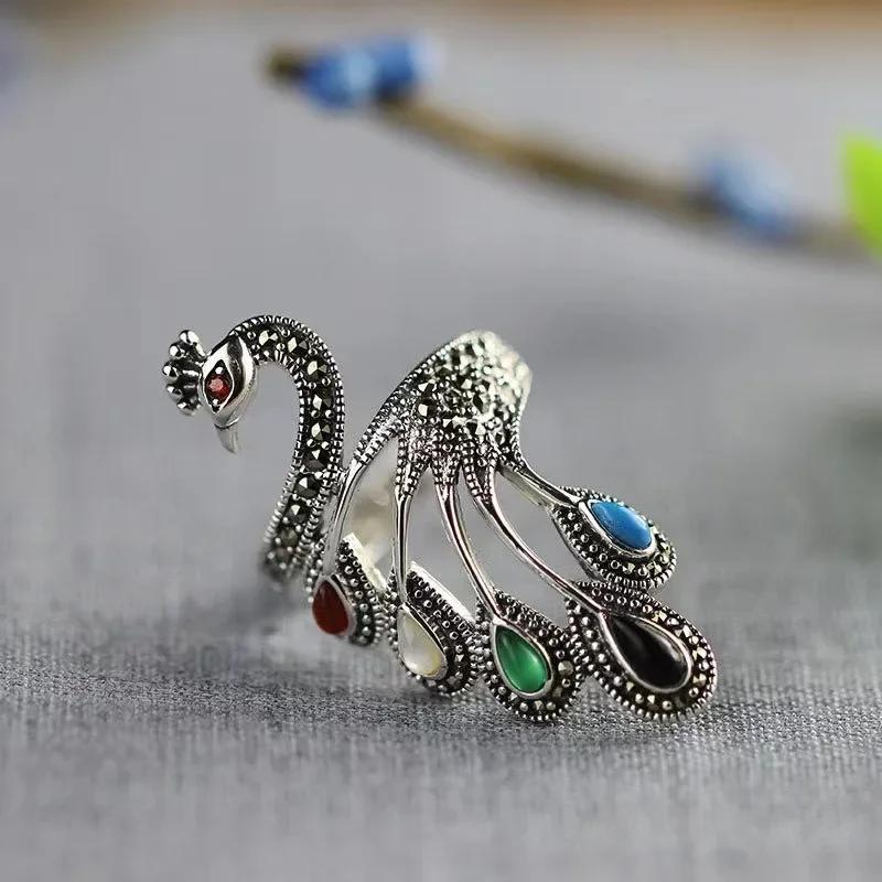 Ethnisch Stil   Mehrfarbiger Edelstein Exquisiter Pfauenring für Damen Vintage Übertrieben Elegantes Schmuckstück Öffnung