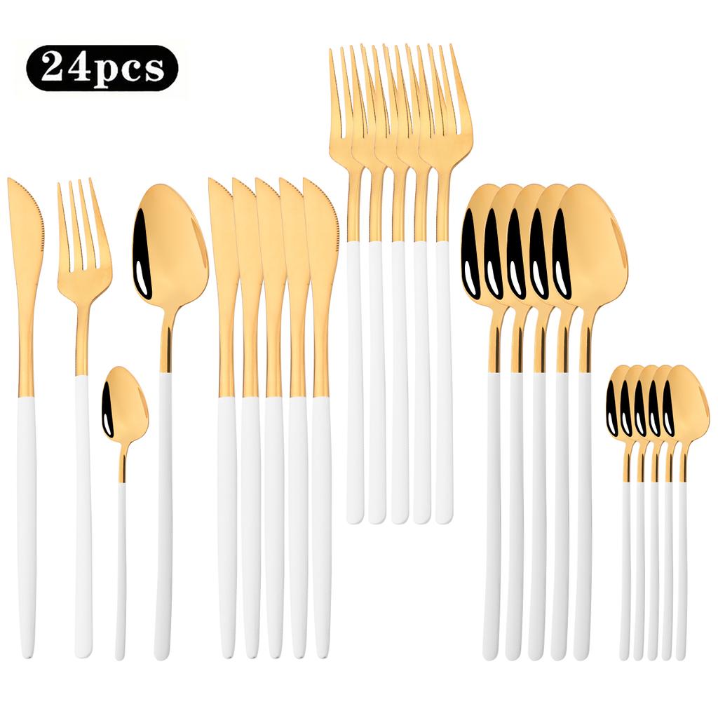 24pcs White Gold Dinnerware Cutlery Set Knife Fork Spoon Tableware Western Stainless Steel Silverware Set Coffee Spoons Flatware