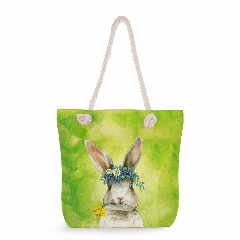 Sac de plage à bandoulière unique en corde épaisse avec imprimé lapin créatif 7247 CLE