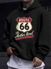 ROUTE 66 Badge Print Hooded Sweatshirt, American Vintage Style, Paying Tribute To Classic Road Culture, with an Inherently Free and Unrestrained Vibe