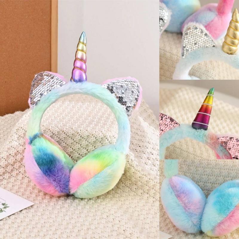 Children Kids Cute Unicorn Earmuffs Sequin Cat Ears Ear-Muffs Cover Winter Warm Fur Plush Headband Women Tie-dye Fluffy Earflap