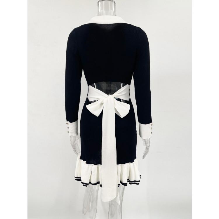 KOSY Ruffled Bow Knit Mini Dress Women's Backless Contrast Cardigan Lace-Up Elegant Dress Female Knitwear Bandage Dress