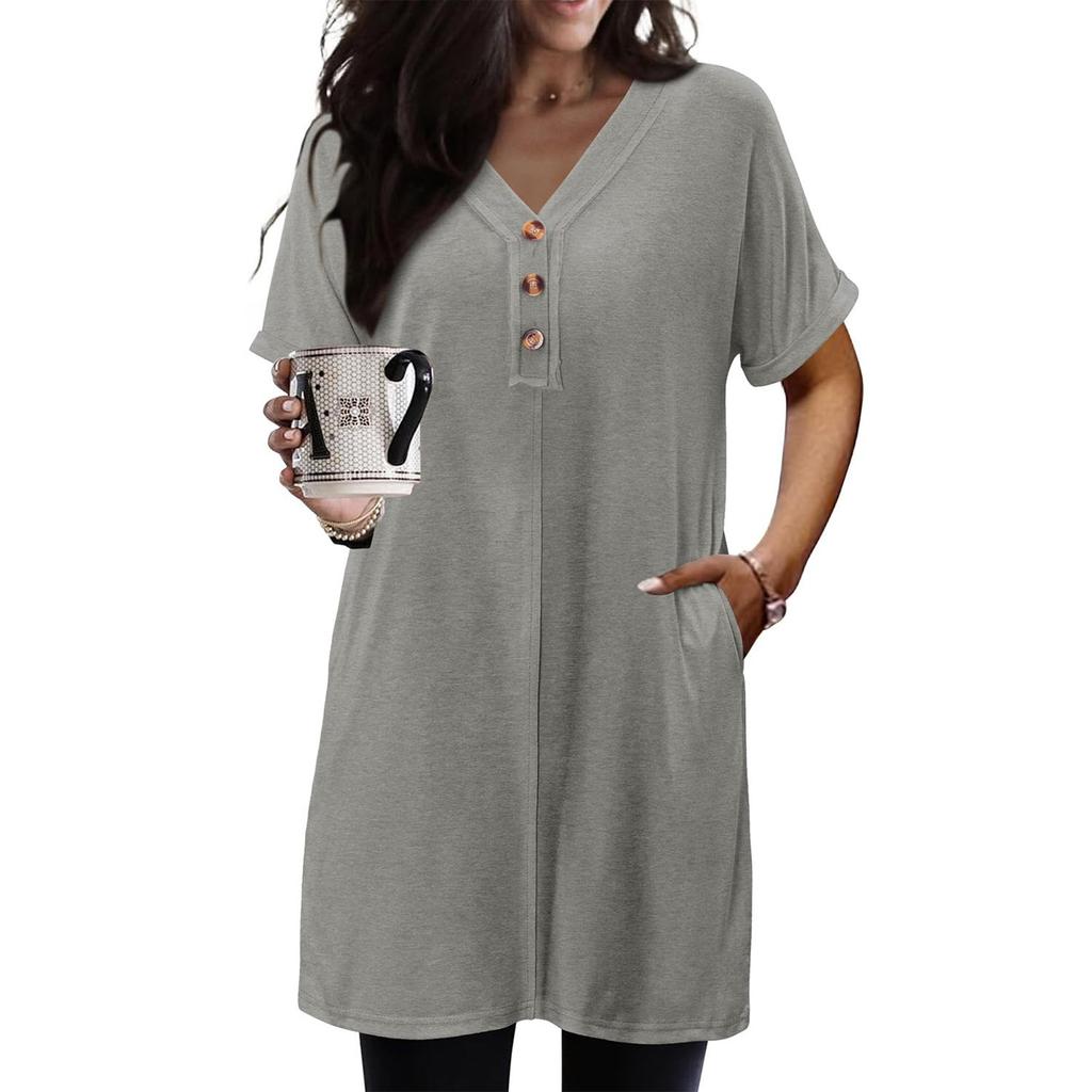 Women's Fashion Casual Short Sleeve Button V-Neck With Pocket Long Top