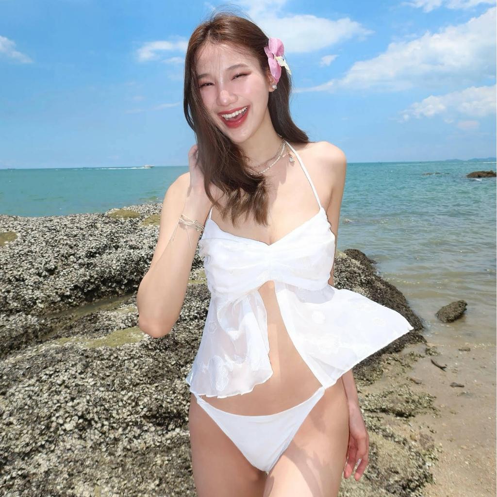 White Pure Desire Mesh Hollowed-out Split Suspender Shirt Fashionable High-end Split Hot Spring Vacation Split Swimsuit