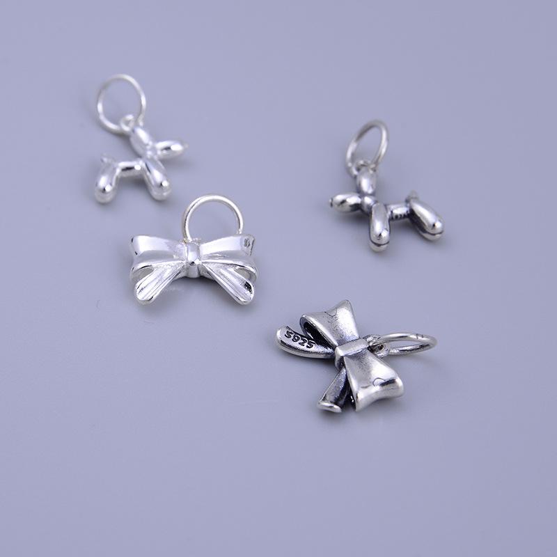 S925 Sterling Silver Bubble Dog Bow Pendant Charm for DIY Beaded Bracelets