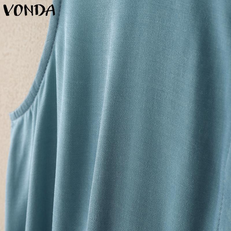 VONDA Summer Women Sleeveless Belt Waist Casual Pleated Dress