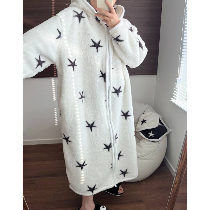 Women's Striped Fleece Hooded Robe, Thickened Warm Flannel Coral Velvet Loungewear Pajama Sets