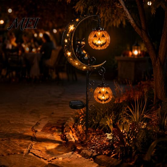 Doces ou Travessuras Acentos para Jardim Externo Halloween Luminária Solar de Estaca para Jardim, Gato Preto Abóbora na Lua Crescente com Lanterna Pendurada para Decoração de Caminho Assustador,