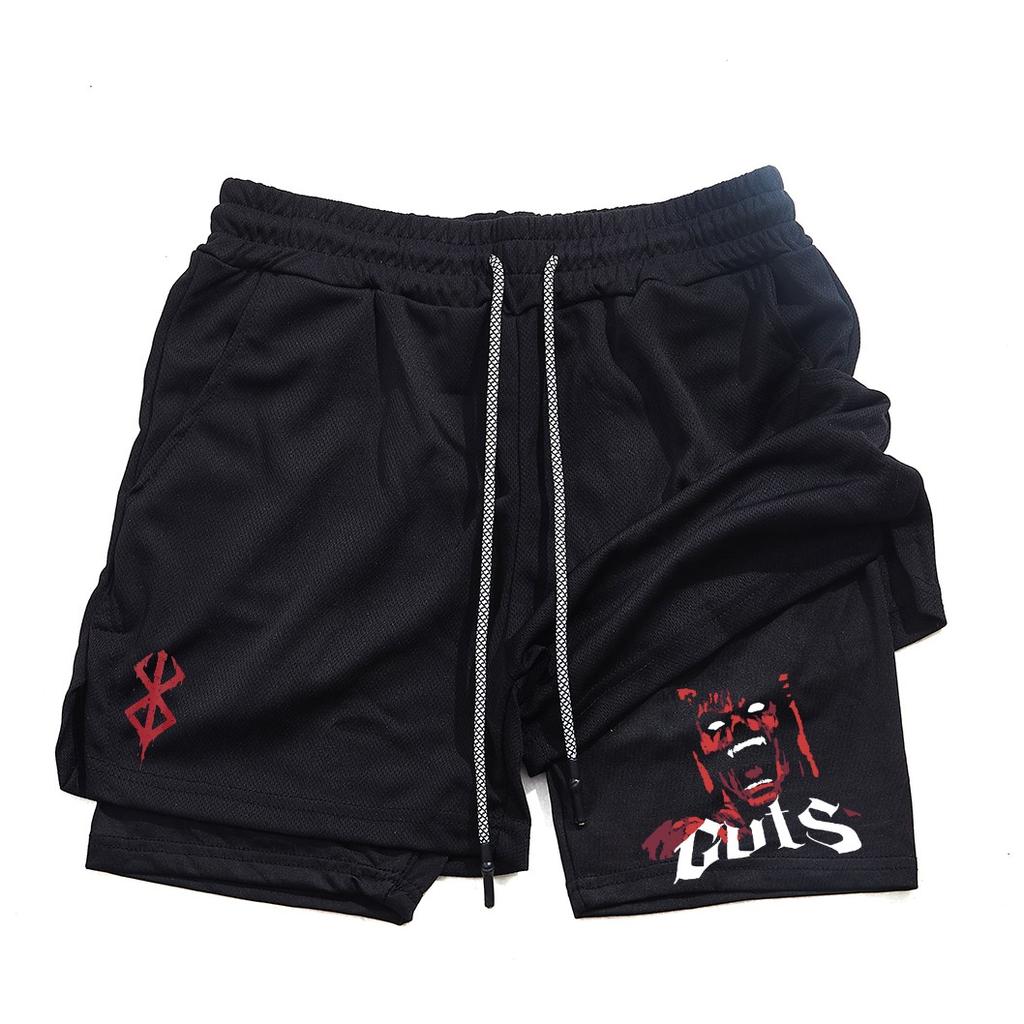 Pantalones cortos de gimnasio para hombre, ropa deportiva 2 en 1 de Anime para correr, trotar, entrenamiento, Yoga, baloncesto