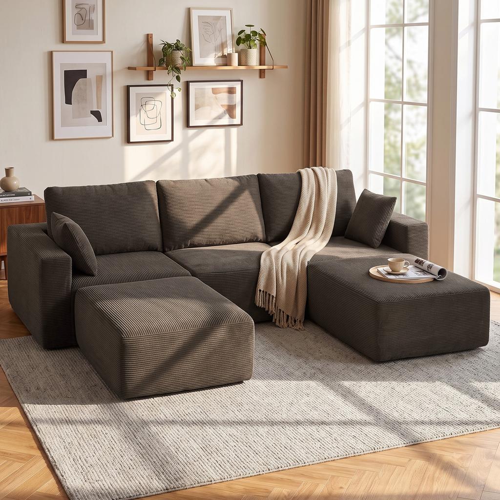 Modular U-Shaped Sofa 287 cm, Frameless, Wide Deep Corduroy Seat, High-Density Foam, No Assembly, Khaki