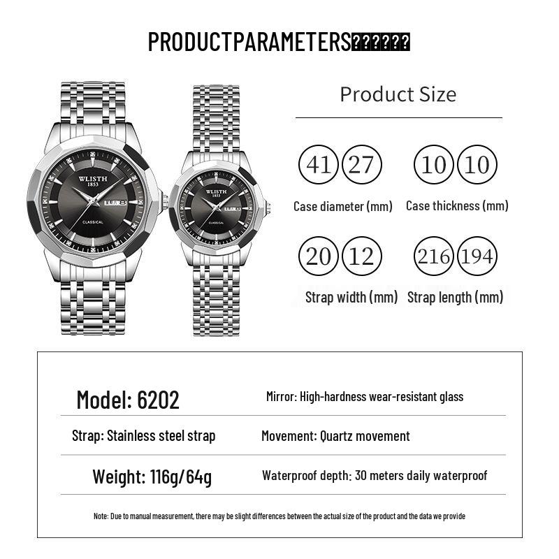 WOLIX Stylish Waterproof Couple's Quartz Watch with Stainless Steel and Calendar for Men & Women - Douyin Hot Seller