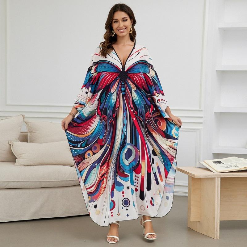 Vacation dress, long robe, loose positioned print beach cover-up, bikini dress