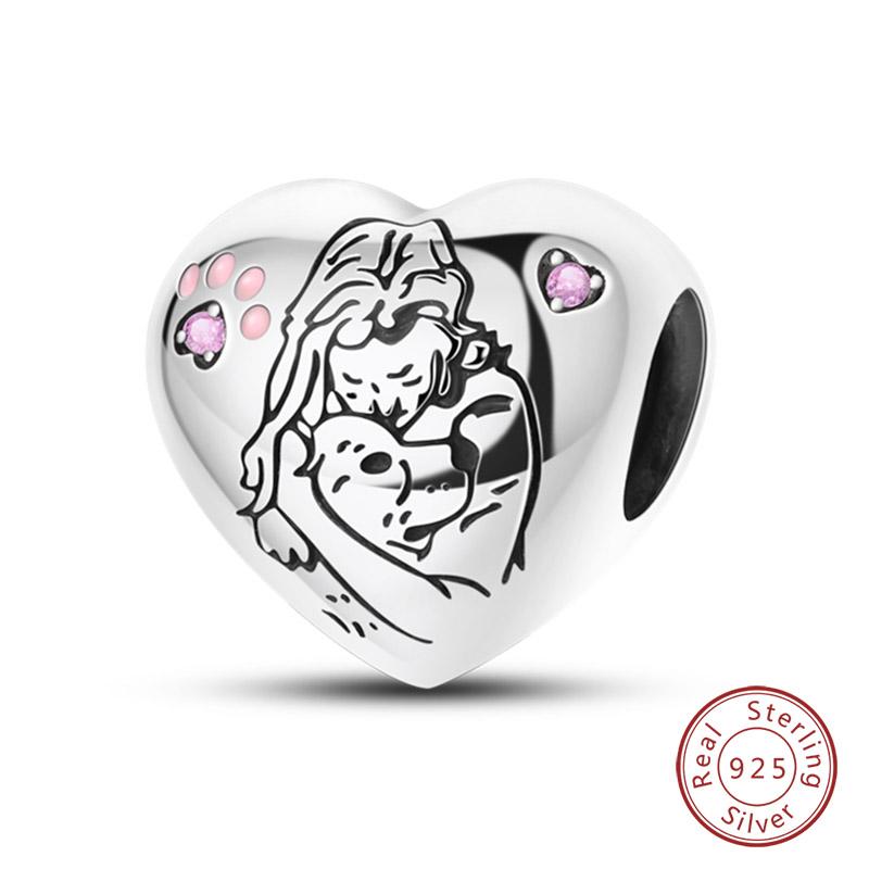 I Love My Pets Charms Beads 925 Silver Heart Shaped Pink Zircon Claws Pendants Fit Bracelets Fine DIY Birthday Jewelry