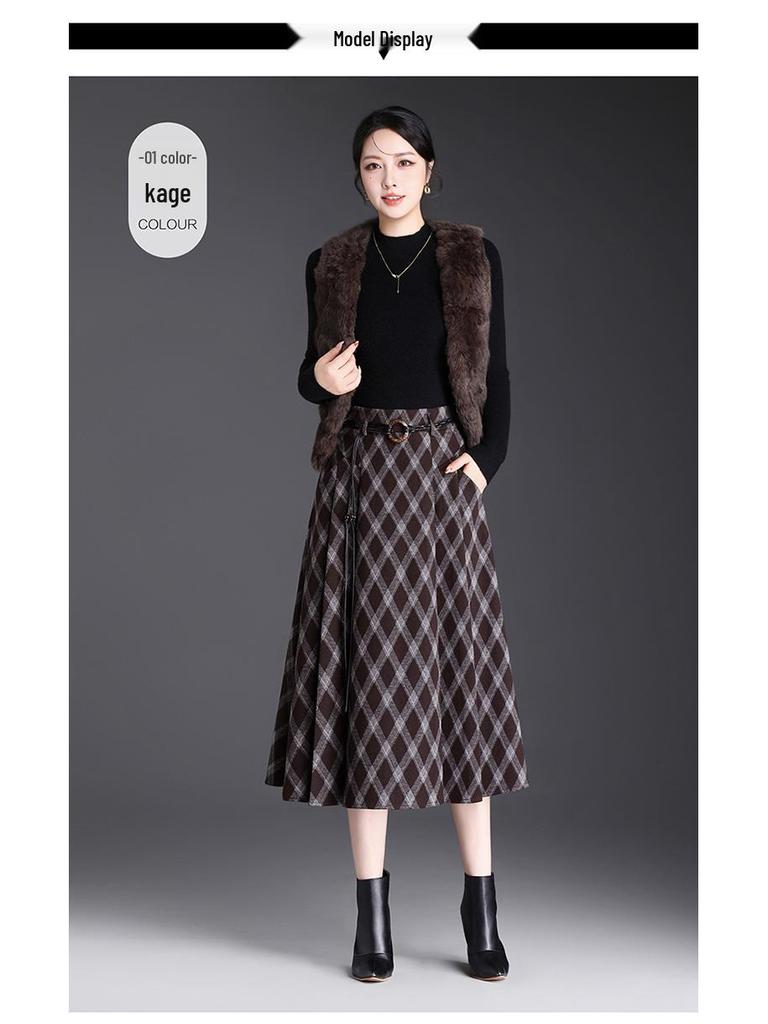 Spring 2026 High-Waist Grid Pleated A-Line Midi Skirt
