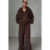 Womens 2026 Fall/Winter Loose Hooded Zip-Up Sweatshirt Pants Set Casual Streetwear Outfit Pure Color Cotton Blend