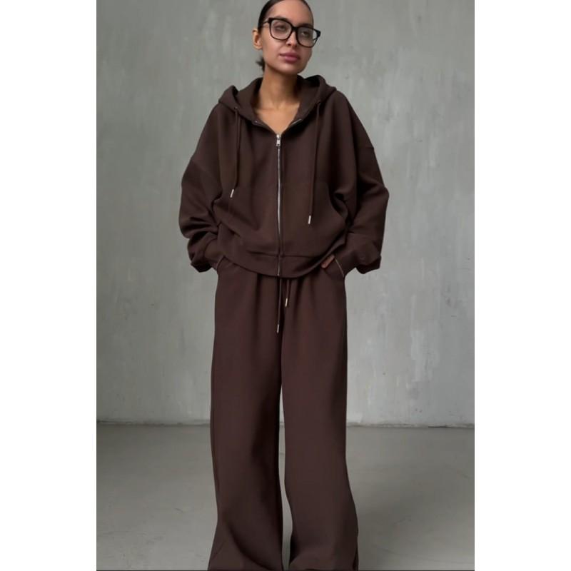 Womens 2026 Fall/Winter Loose Hooded Zip-Up Sweatshirt Pants Set Casual Streetwear Outfit Pure Color Cotton Blend