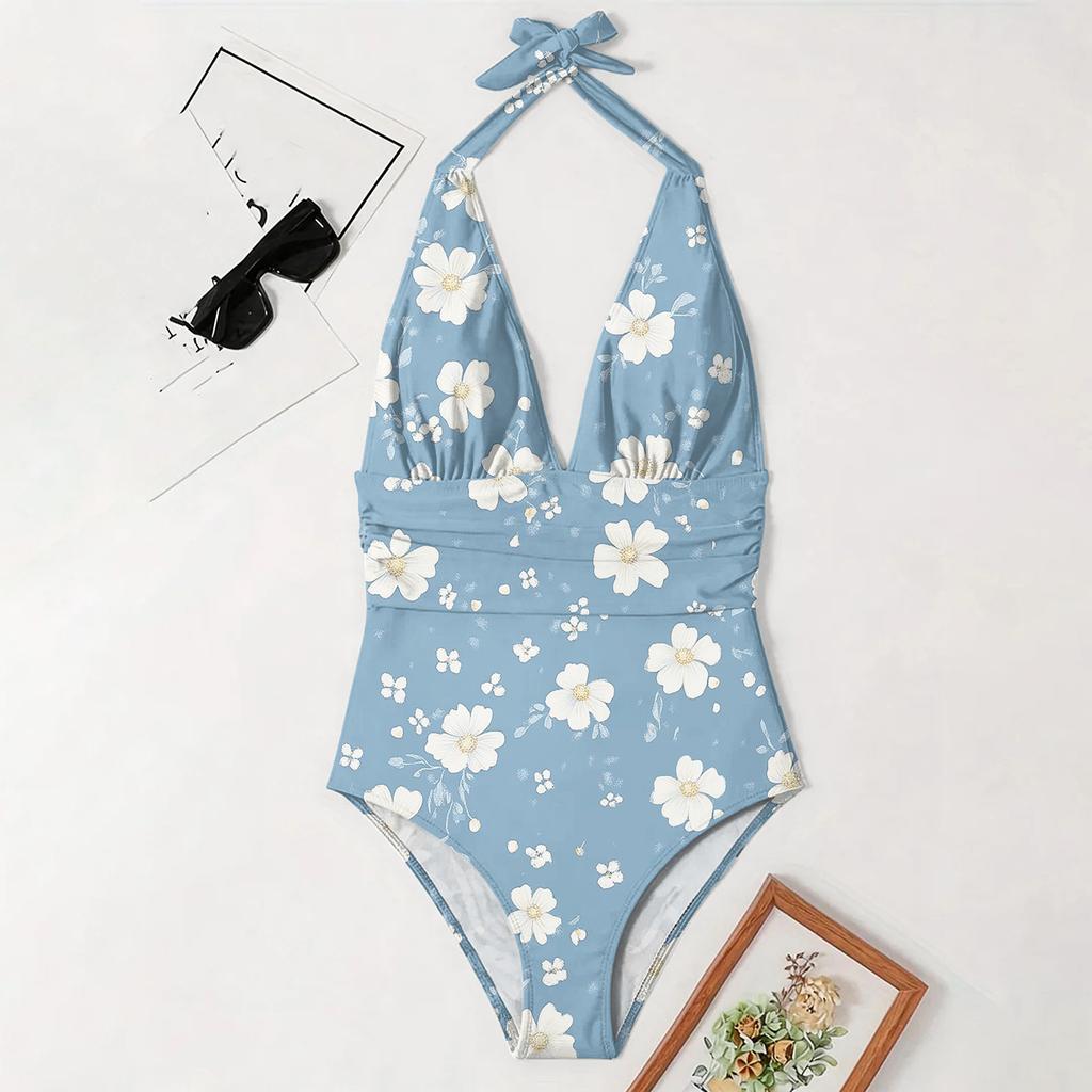 Women Swimsuit Neck Deep V Floral Print Bathing Suit Tummy Control Ruched Swimwear for Beach Pool