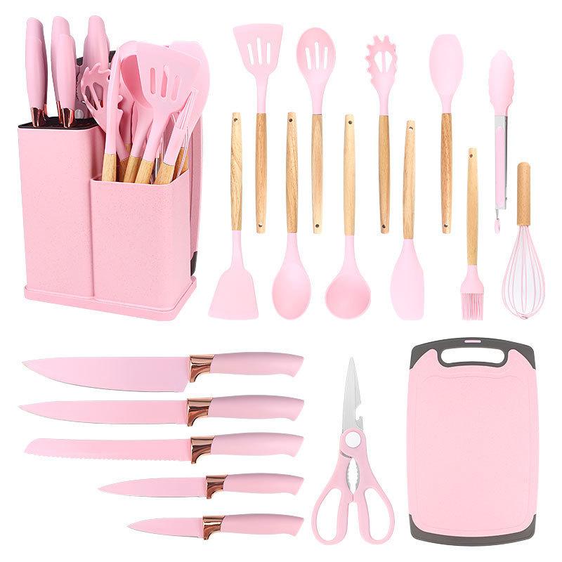 19 Piece Silicone Kitchenware Set Cooking Utensil Set Wooden Handle Spatula Spoon Stainless Steel Knife Set with Storage Bucket